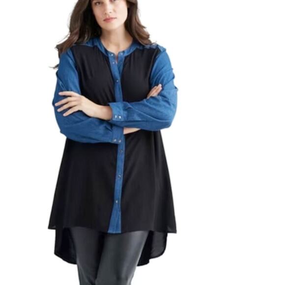 Ellos Denim Trim Tunic Top M 14/16 Plus Blue Black Shirt Long Sleeve - Picture 8 of 8
